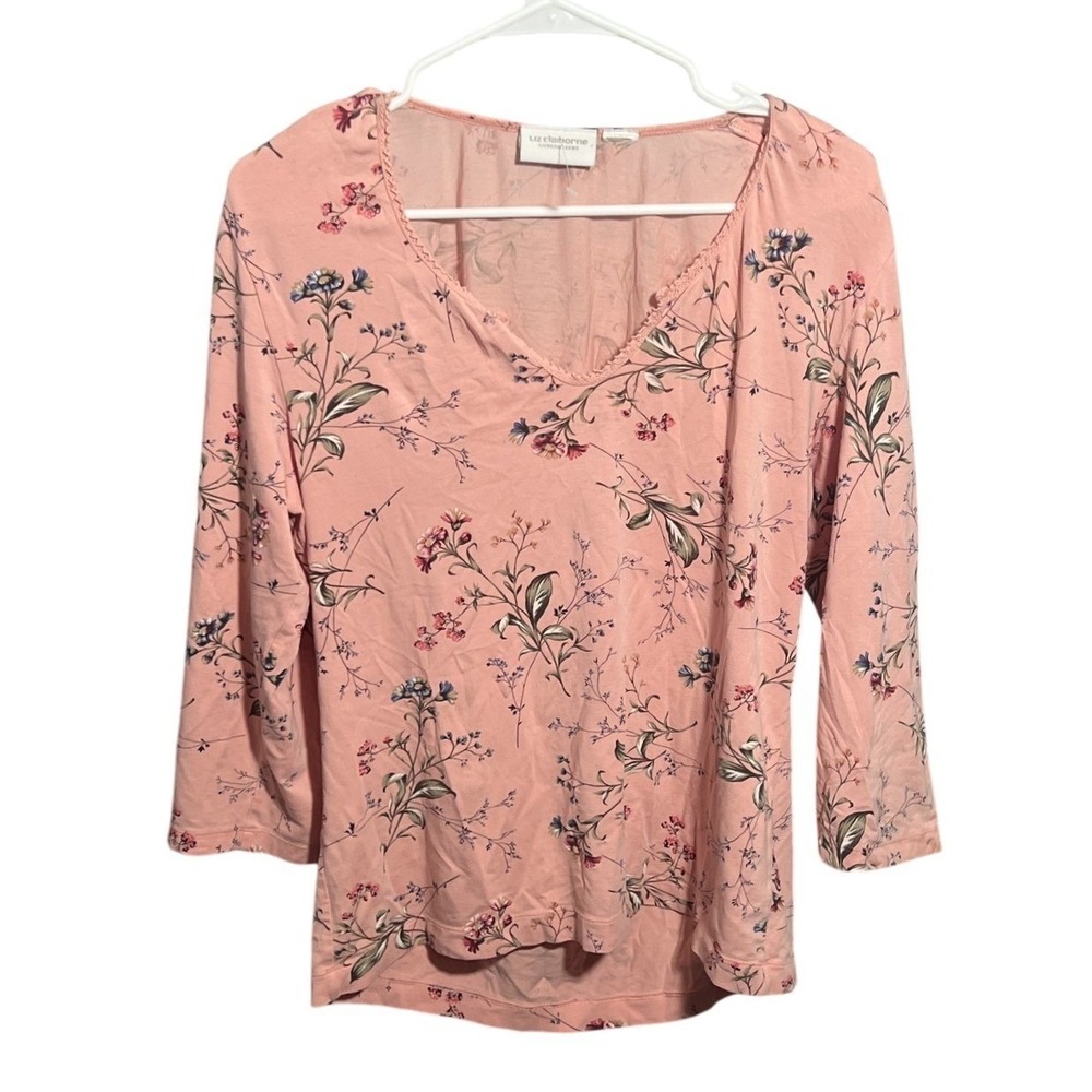 Liz Claiborne Women's Pink Floral V-Neck 3/4 Sleeve Knit Top Blouse Size L
